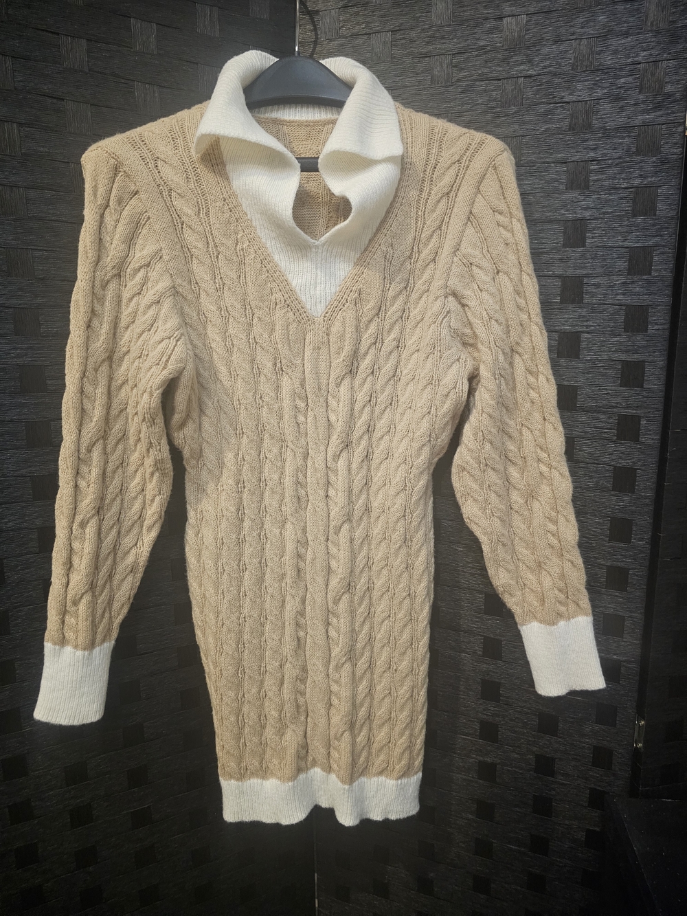 SHEIN Tan Cable Knit V-Neck Sweater with Cream Contrast Collar